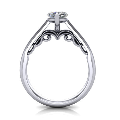 Saylor marquise solitaire engagement ring in 14K White Gold, through-finger front profile showing the cathedral shoulders and filigree scroll under-gallery