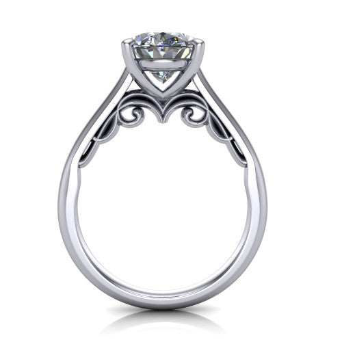 Saylor oval solitaire engagement ring in Platinum, through-finger front profile showing the cathedral shoulders and filigree scroll under-gallery