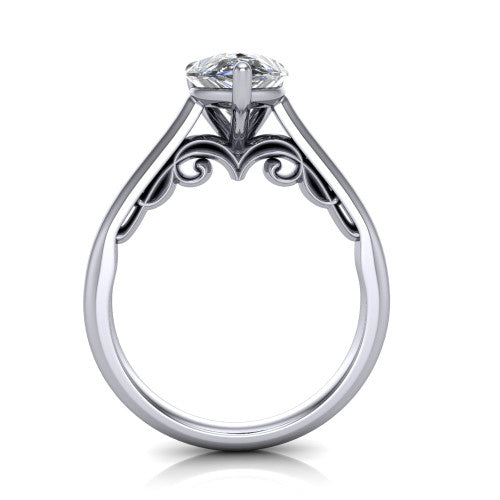 Saylor pear solitaire engagement ring in Platinum, through-finger front profile showing the cathedral shoulders and filigree scroll under-gallery