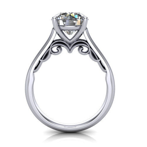 Saylor round solitaire engagement ring in Platinum, through-finger front profile showing the cathedral shoulders and filigree scroll under-gallery