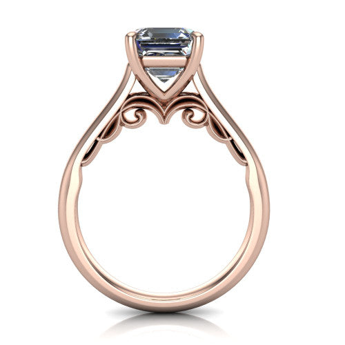 Saylor square emerald solitaire engagement ring in 14K Rose Gold, through-finger front profile showing the cathedral shoulders and filigree scroll under-gallery
