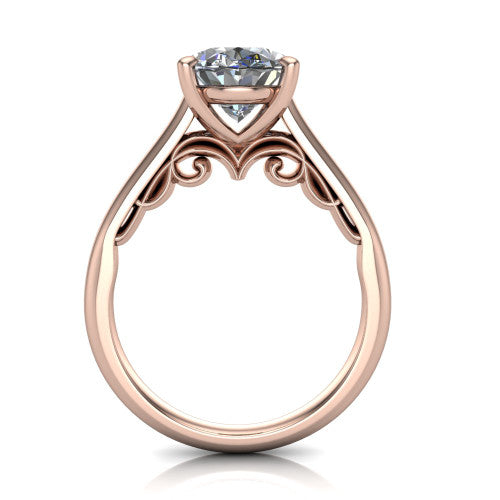 Saylor oval solitaire engagement ring in 14K Rose Gold, through-finger front profile showing the cathedral shoulders and filigree scroll under-gallery