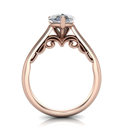 Saylor pear solitaire engagement ring in 14K Rose Gold, through-finger front profile showing the cathedral shoulders and filigree scroll under-gallery