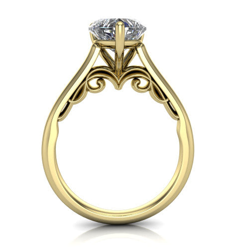 Saylor heart solitaire engagement ring in 14K Yellow Gold, through-finger front profile showing the cathedral shoulders and filigree scroll under-gallery