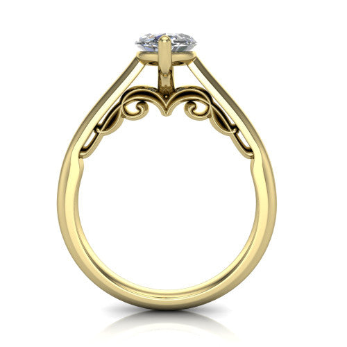 Saylor marquise solitaire engagement ring in 14K Yellow Gold, through-finger front profile showing the cathedral shoulders and filigree scroll under-gallery