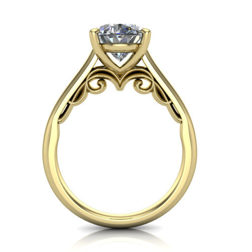 Saylor oval solitaire engagement ring in 18K Yellow Gold, through-finger front profile showing the cathedral shoulders and filigree scroll under-gallery
