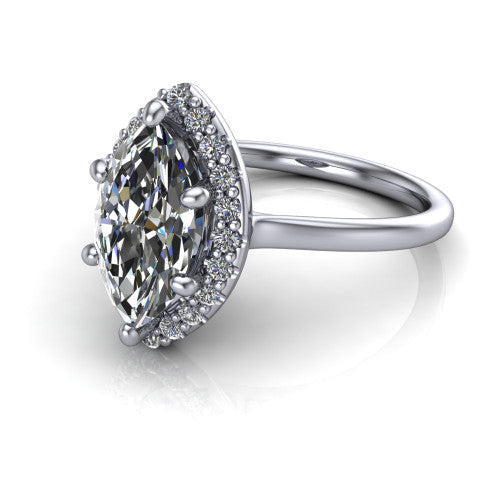 Florence marquise halo engagement ring in 18K White Gold, three-quarter perspective showing the brilliant marquise center diamond inside a slim pave halo on a thin knife-edge band