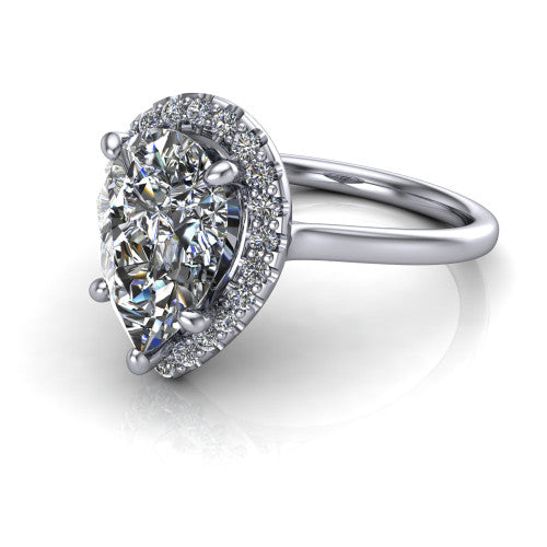 Florence pear halo engagement ring in 14K White Gold, three-quarter perspective showing the brilliant pear-cut center diamond inside a slim pave halo on a thin knife-edge band