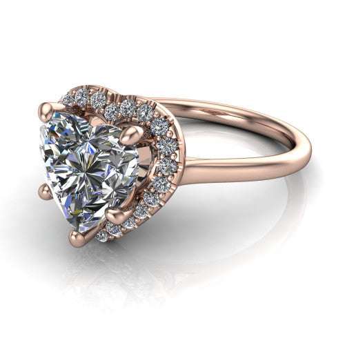 Florence heart halo engagement ring in 18K Rose Gold, three-quarter perspective showing the brilliant heart-shaped center diamond inside a slim pave halo on a thin knife-edge band