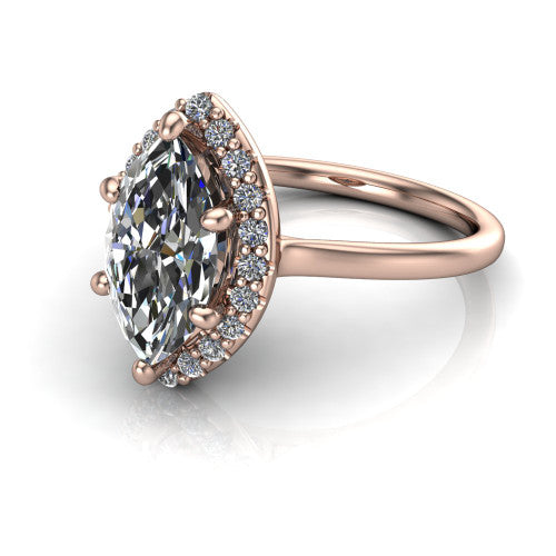 Florence marquise halo engagement ring in 14K Rose Gold, three-quarter perspective showing the brilliant marquise center diamond inside a slim pave halo on a thin knife-edge band