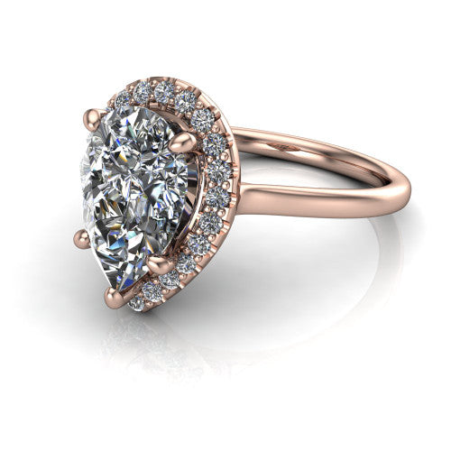 Florence pear halo engagement ring in 18K Rose Gold, three-quarter perspective showing the brilliant pear-cut center diamond inside a slim pave halo on a thin knife-edge band
