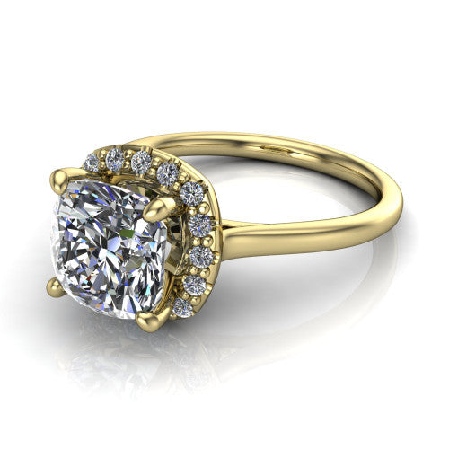 Florence cushion halo engagement ring in 14K Yellow Gold, three-quarter perspective showing the brilliant cushion-cut center diamond inside a slim pave halo on a thin knife-edge band