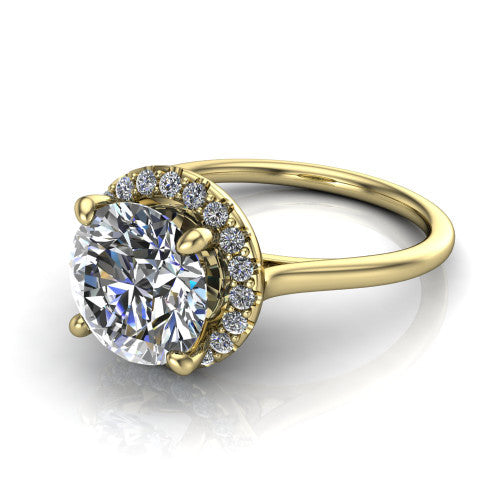 Florence round halo engagement ring in 18K Yellow Gold, three-quarter perspective showing the brilliant round center diamond inside a slim pave halo on a thin knife-edge band