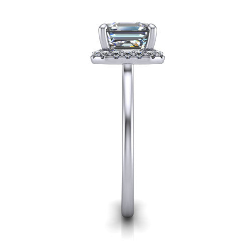 Florence square emerald halo engagement ring in 14K White Gold, side profile showing the infinity gallery, slim halo, and thin knife-edge band