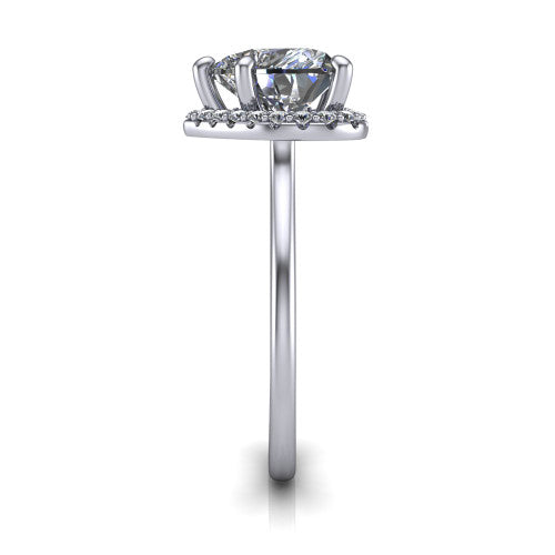 Florence heart halo engagement ring in Platinum, side profile showing the infinity gallery, slim halo, and thin knife-edge band