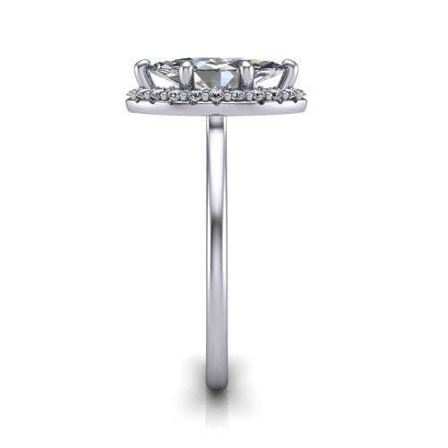 Florence marquise halo engagement ring in 18K White Gold, side profile showing the infinity gallery, slim halo, and thin knife-edge band