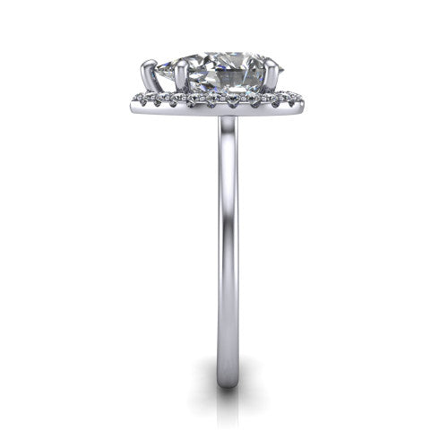 Florence pear halo engagement ring in 14K White Gold, side profile showing the infinity gallery, slim halo, and thin knife-edge band