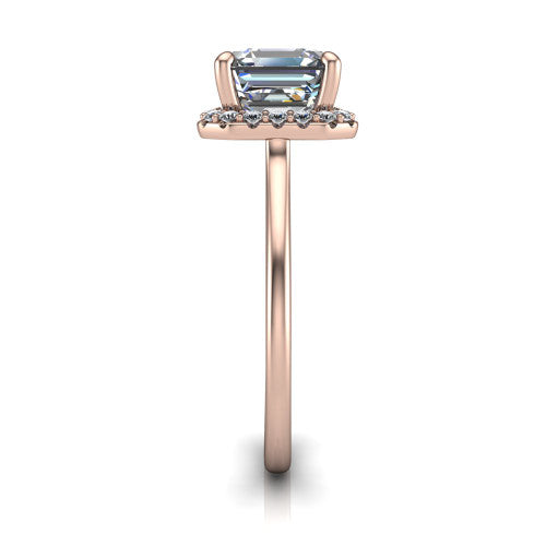 Florence square emerald halo engagement ring in 14K Rose Gold, side profile showing the infinity gallery, slim halo, and thin knife-edge band