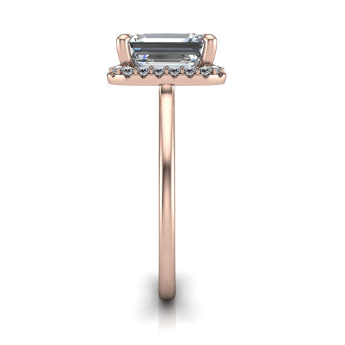 Florence emerald halo engagement ring in 18K Rose Gold, side profile showing the infinity gallery, slim halo, and thin knife-edge band