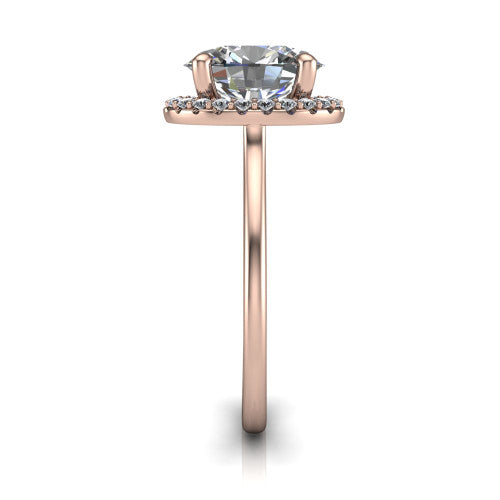 Florence oval halo engagement ring in 18K Rose Gold, side profile showing the infinity gallery, slim halo, and thin knife-edge band