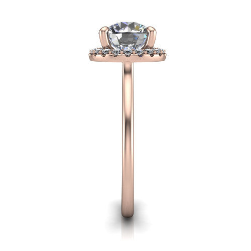 Florence round halo engagement ring in 18K Rose Gold, side profile showing the infinity gallery, slim halo, and thin knife-edge band