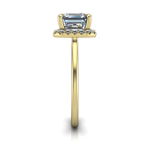 Florence square emerald halo engagement ring in 14K Yellow Gold, side profile showing the infinity gallery, slim halo, and thin knife-edge band