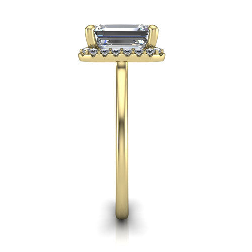 Florence emerald halo engagement ring in 18K Yellow Gold, side profile showing the infinity gallery, slim halo, and thin knife-edge band