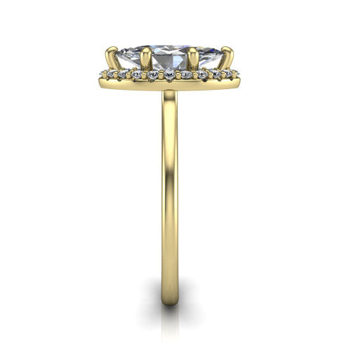 Florence marquise halo engagement ring in 14K Yellow Gold, side profile showing the infinity gallery, slim halo, and thin knife-edge band