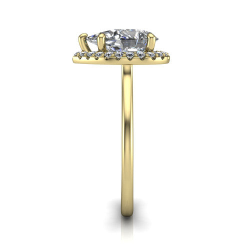 Florence pear halo engagement ring in 14K Yellow Gold, side profile showing the infinity gallery, slim halo, and thin knife-edge band