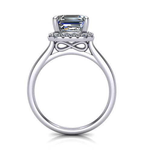 Florence square emerald halo engagement ring in 18K White Gold, through-finger front profile showing the slim halo head and infinity figure-eight gallery
