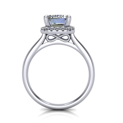 Florence emerald halo engagement ring in 18K White Gold, through-finger front profile showing the slim halo head and infinity figure-eight gallery