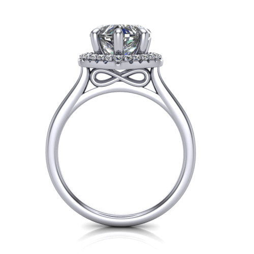 Florence heart halo engagement ring in 18K White Gold, through-finger front profile showing the slim halo head and infinity figure-eight gallery