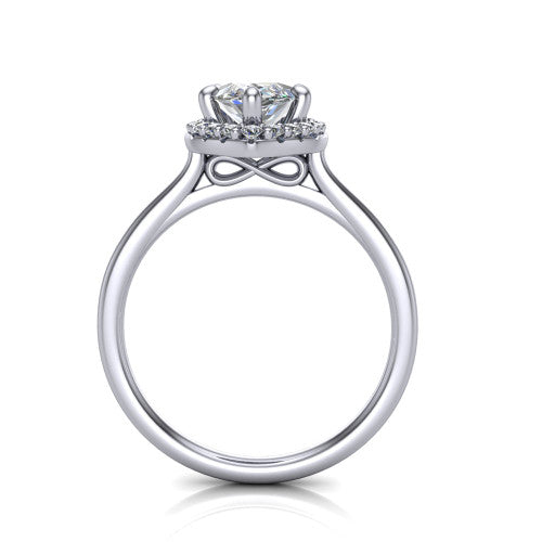 Florence marquise halo engagement ring in 18K White Gold, through-finger front profile showing the slim halo head and infinity figure-eight gallery