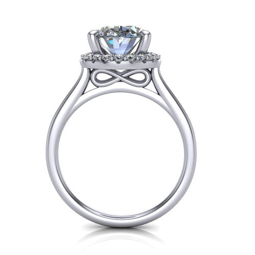 Florence oval halo engagement ring in Platinum, through-finger front profile showing the slim halo head and infinity figure-eight gallery