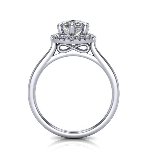 Florence pear halo engagement ring in 18K White Gold, through-finger front profile showing the slim halo head and infinity figure-eight gallery