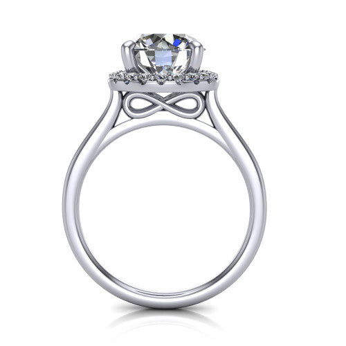 Florence round halo engagement ring in 14K White Gold, through-finger front profile showing the slim halo head and infinity figure-eight gallery