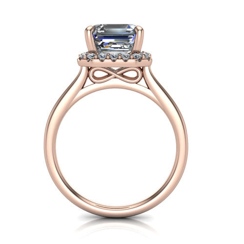 Florence square emerald halo engagement ring in 14K Rose Gold, through-finger front profile showing the slim halo head and infinity figure-eight gallery