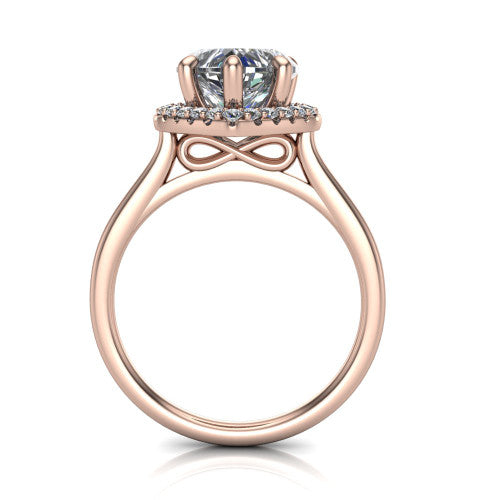 Florence heart halo engagement ring in 14K Rose Gold, through-finger front profile showing the slim halo head and infinity figure-eight gallery