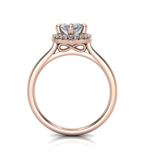 Florence marquise halo engagement ring in 14K Rose Gold, through-finger front profile showing the slim halo head and infinity figure-eight gallery