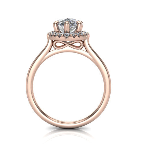 Florence pear halo engagement ring in 14K Rose Gold, through-finger front profile showing the slim halo head and infinity figure-eight gallery