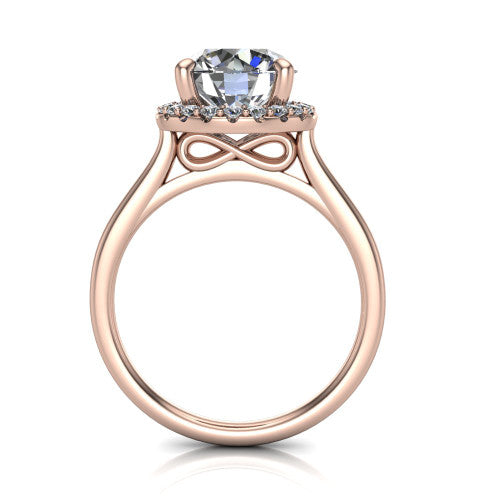 Florence round halo engagement ring in 14K Rose Gold, through-finger front profile showing the slim halo head and infinity figure-eight gallery