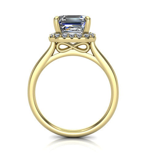 Florence square emerald halo engagement ring in 18K Yellow Gold, through-finger front profile showing the slim halo head and infinity figure-eight gallery