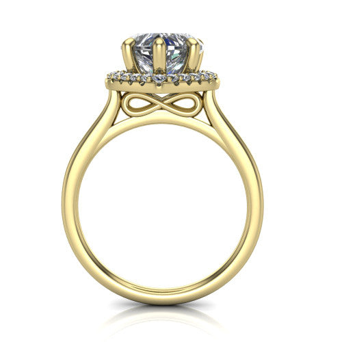 Florence heart halo engagement ring in 18K Yellow Gold, through-finger front profile showing the slim halo head and infinity figure-eight gallery