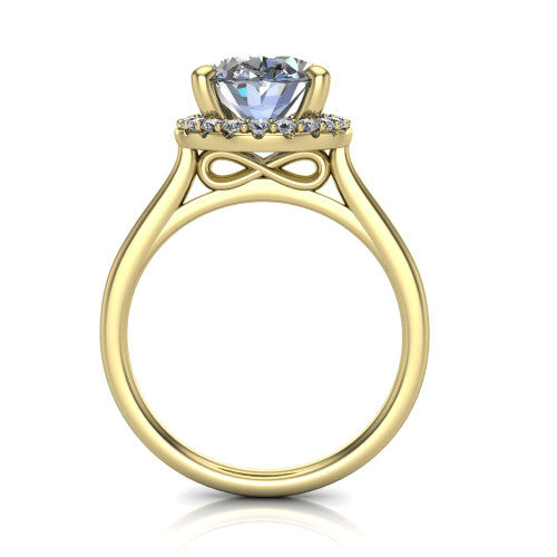 Florence oval halo engagement ring in 18K Yellow Gold, through-finger front profile showing the slim halo head and infinity figure-eight gallery