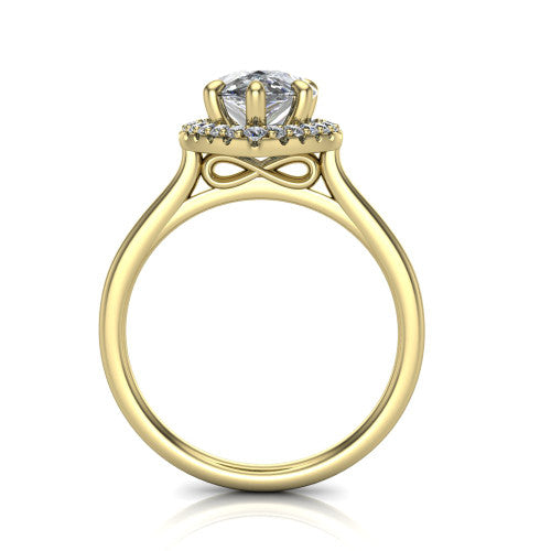 Florence pear halo engagement ring in 18K Yellow Gold, through-finger front profile showing the slim halo head and infinity figure-eight gallery