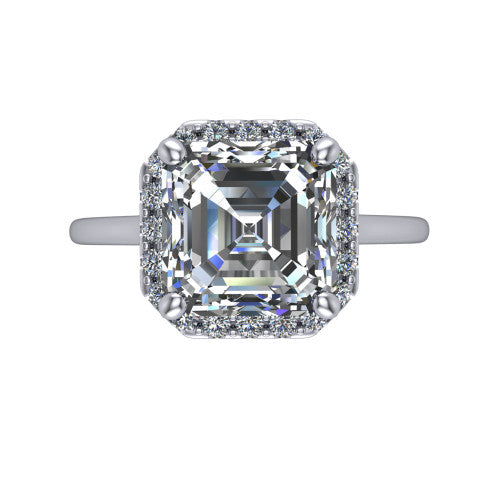 Florence square emerald halo engagement ring in 14K White Gold, top-down view showing the step-cut square emerald center diamond framed by a slim pave halo