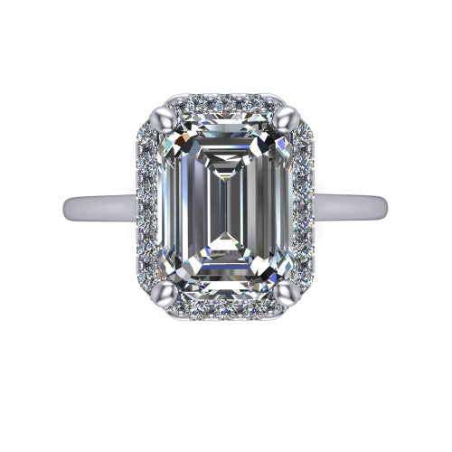 Florence emerald halo engagement ring in 18K White Gold, top-down view showing the step-cut emerald center diamond framed by a slim pave halo