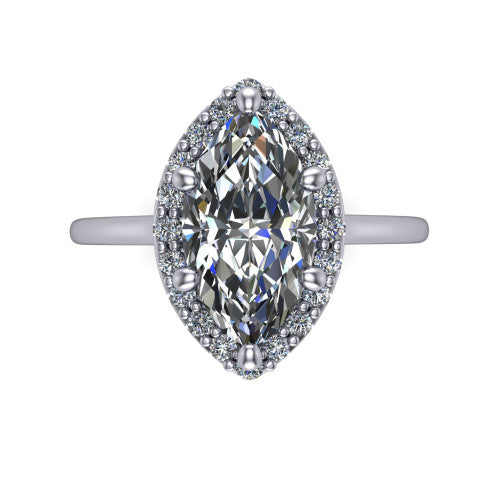 Florence marquise halo engagement ring in Platinum, top-down view showing the brilliant marquise center diamond framed by a slim pave halo