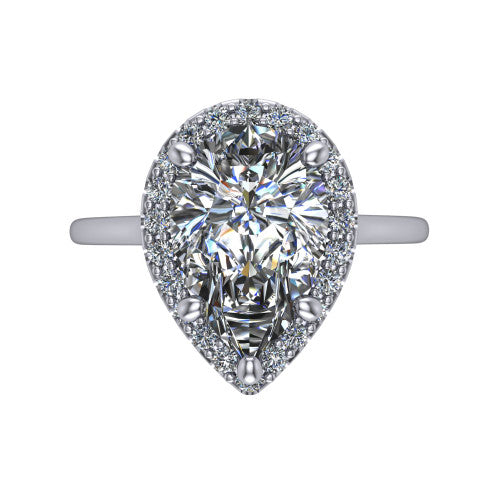 Florence pear halo engagement ring in Platinum, top-down view showing the brilliant pear-cut center diamond framed by a slim pave halo