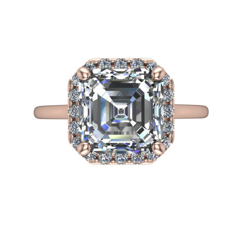 Florence square emerald halo engagement ring in 18K Rose Gold, top-down view showing the step-cut square emerald center diamond framed by a slim pave halo
